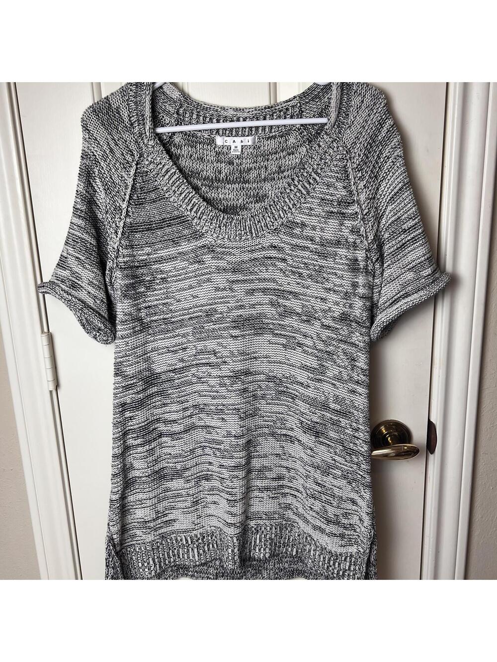 CAbi #973 Womens Tunic Black & White Marbled Pullover Short Sleeve Sweater Top M